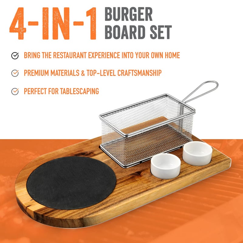 Yukon Gloryâ„¢ Burger Serving Set, Perfect For Foodies, Burger Lovers and Tablescapes, Includes Premium Acacia Wood Board With Slate, Stainless Steel Fry Basket and Porcelain Condiment Cups, - Image 2